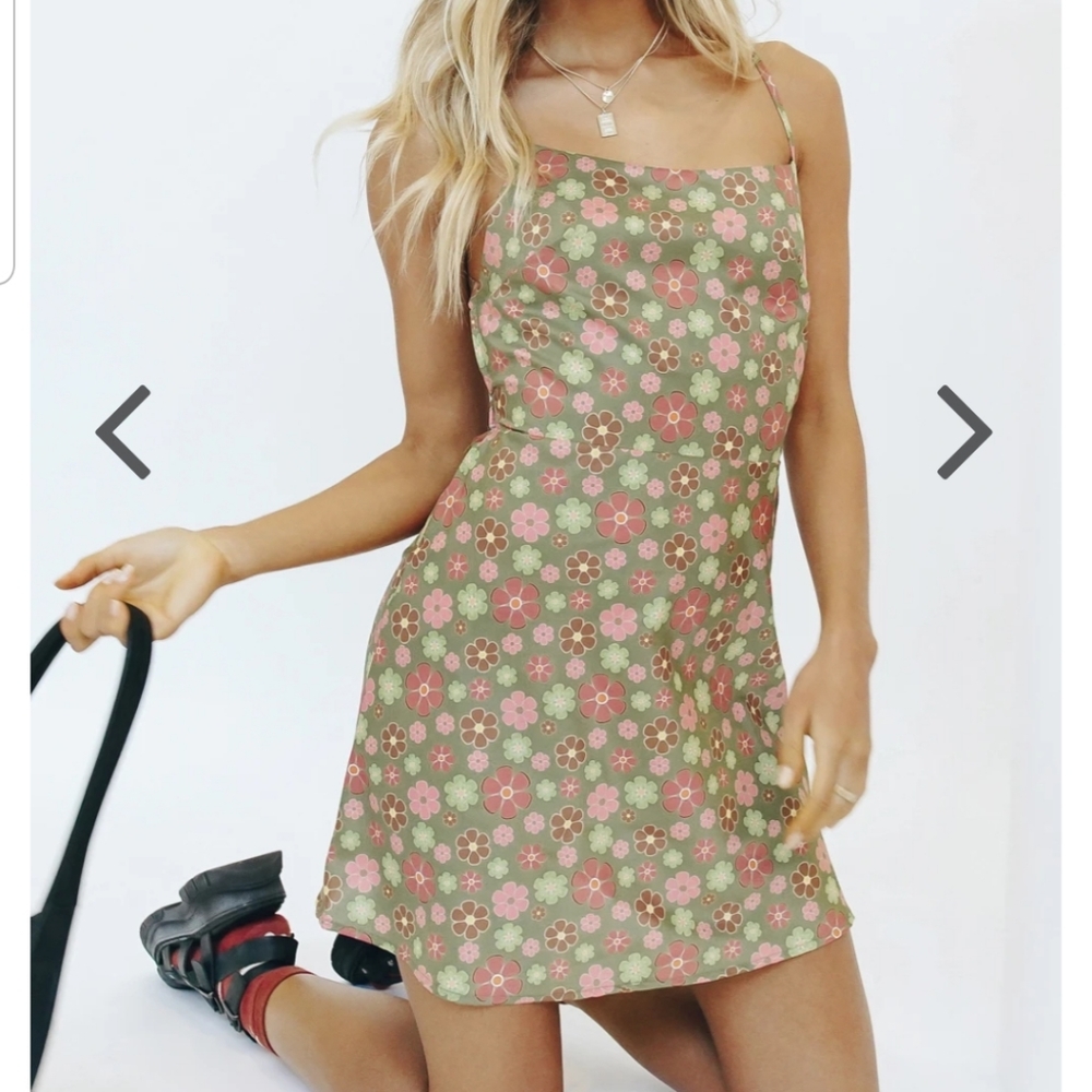 Olive green floral mini dress